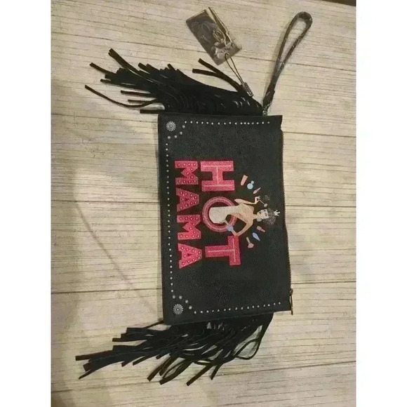 Montana West "Hot Mama" Black Leather Wristlet Bag Floral Fringe Studs - Picture 2 of 8